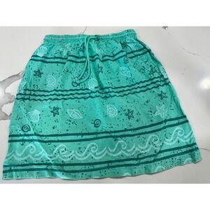 On White Womens Teal Green Starfish Seashell Cotton Skirt Size L Made in USA